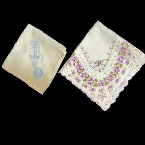 Two vintage white floral cotton handkerchiefs/doilies